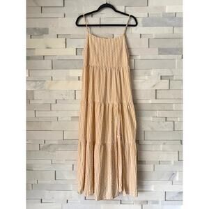 STILLWATER Memz Seersucker Butter Yellow Stripe Tiered Adjust Strap Maxi Dress S